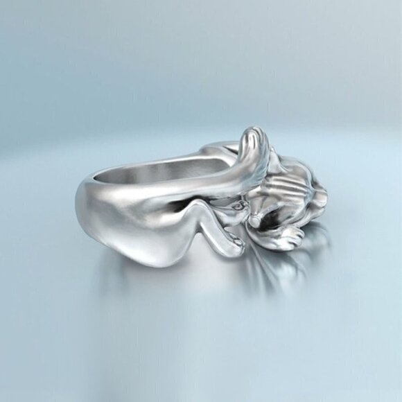💍 Stretching Cat Simulation Cute Animal Silver Lovely Ring for Women, PD678 - Picture 2 of 5